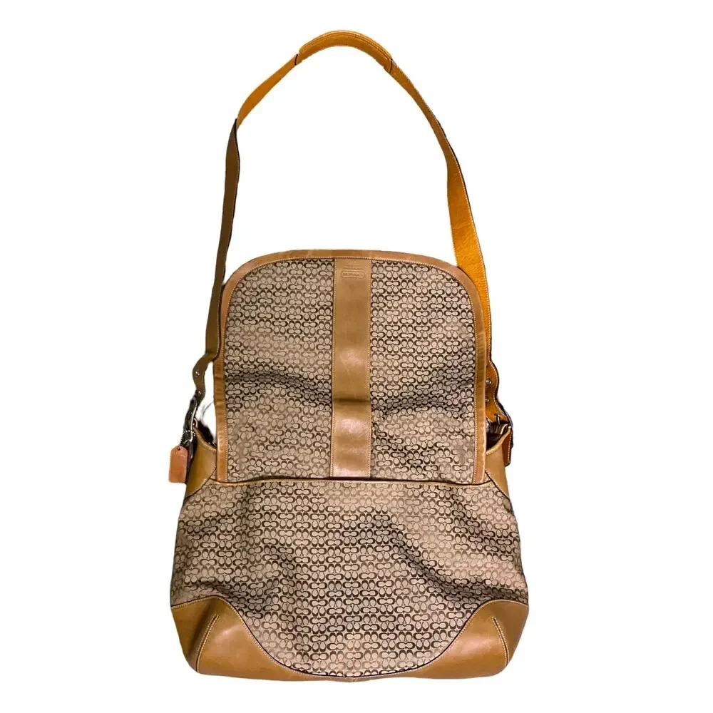 Coach Signature Canvas Leather Messenger Crossbody Bag Flap Laptop Brown Tan